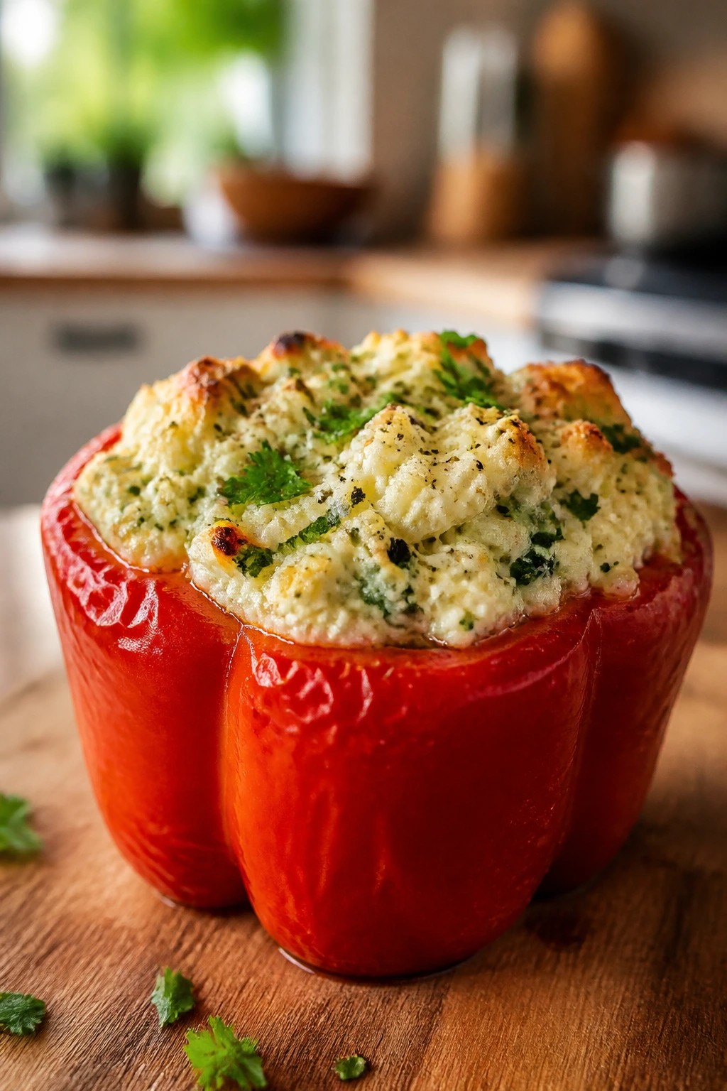 Red stuffed pepper with cottage cheese filling on wooden board