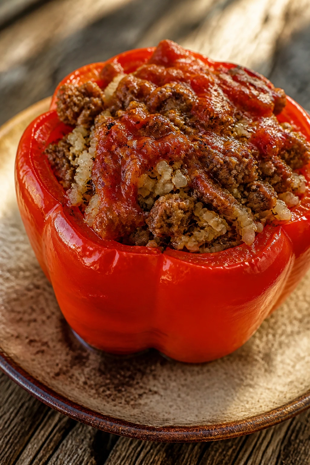 Close-up of a stuffed red bell pepper filled with lean beef and cauliflower rice on a rustic wooden table