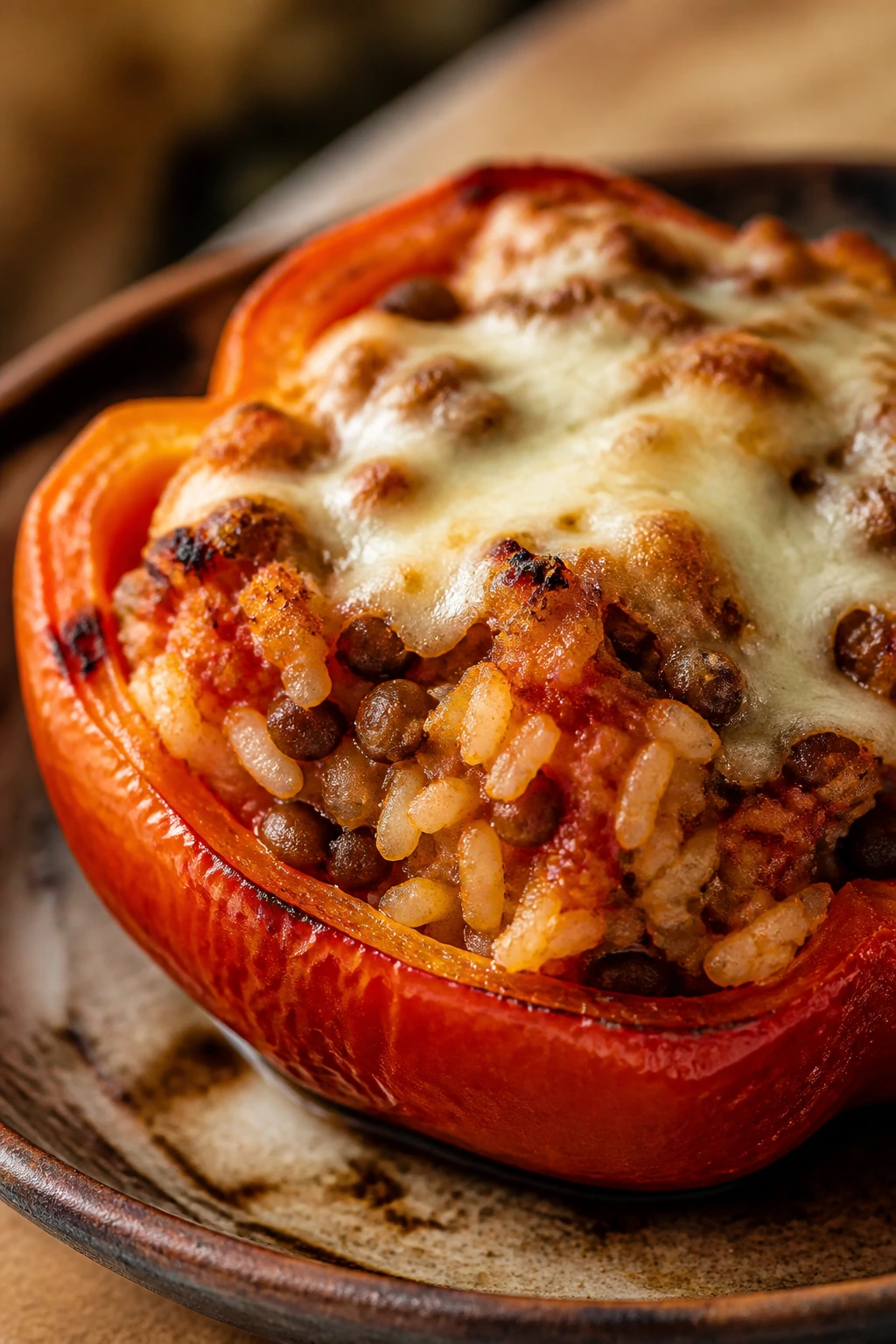 Close-up of stuffed bell pepper half with rice and lentil filling.