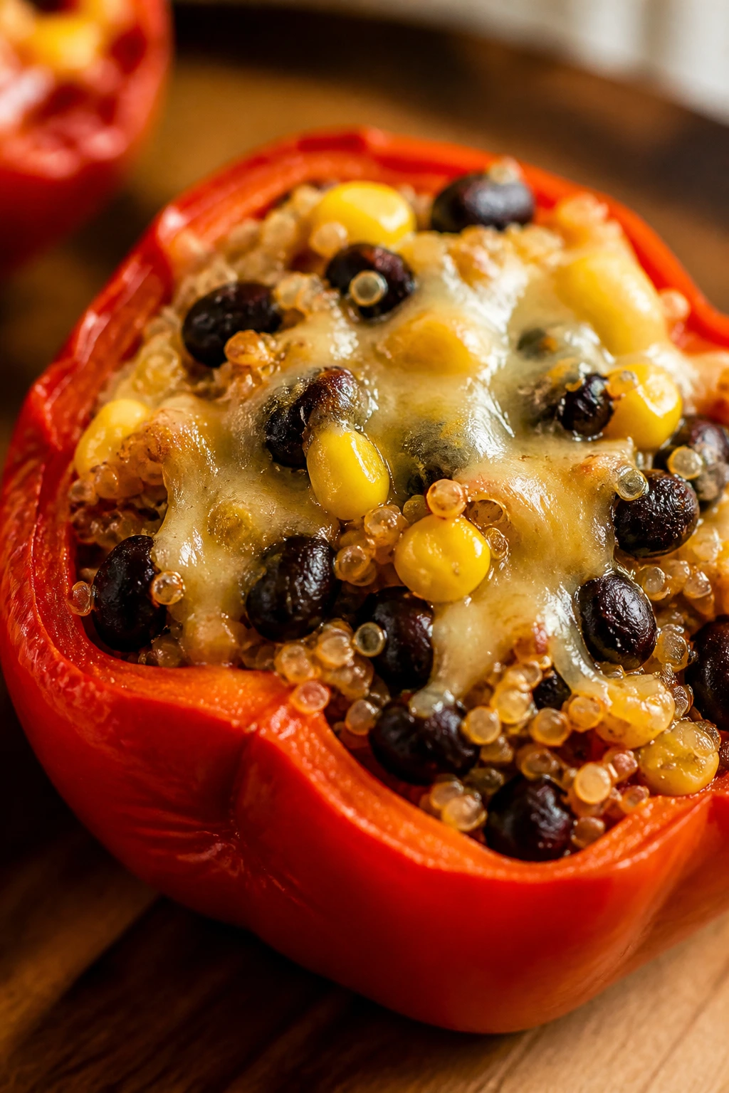 Close-up of a stuffed red bell pepper with quinoa and beans filling