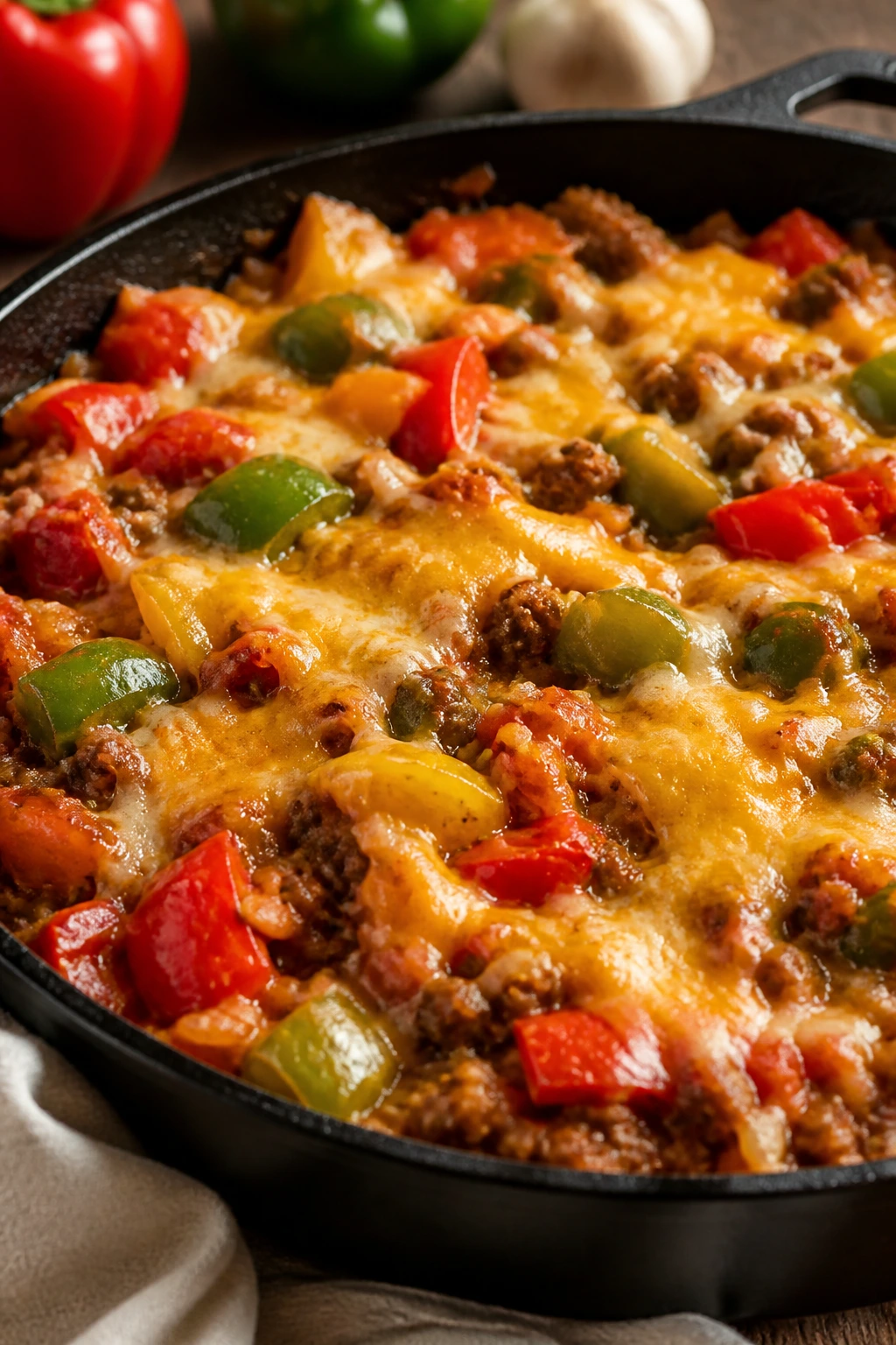 Close-up of Stuffed Pepper Skillet showing peppers, beef, and rice in a hot skillet