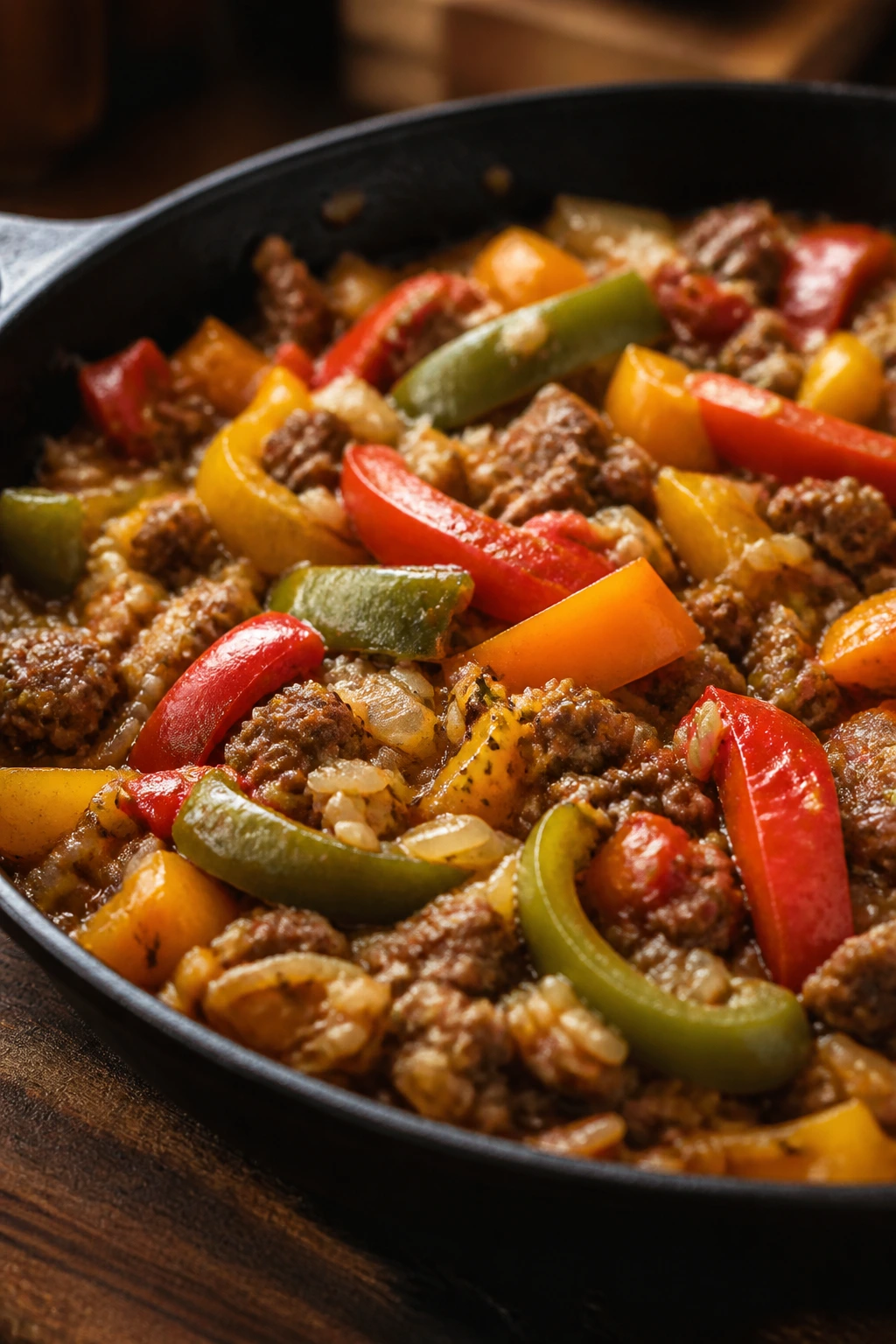 Close-up of Stuffed Pepper Skillet with peppers and beef-rice filling