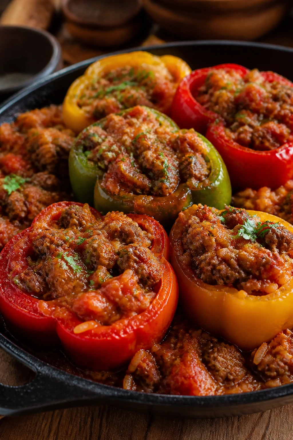 Close-up of stuffed pepper skillet with colorful peppers