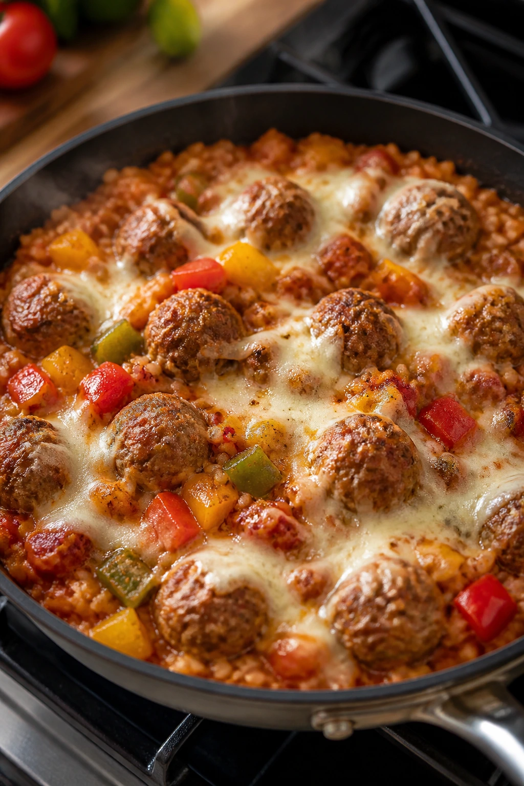 Close-up of stuffed pepper meatball skillet with peppers, meatballs, and mozzarella