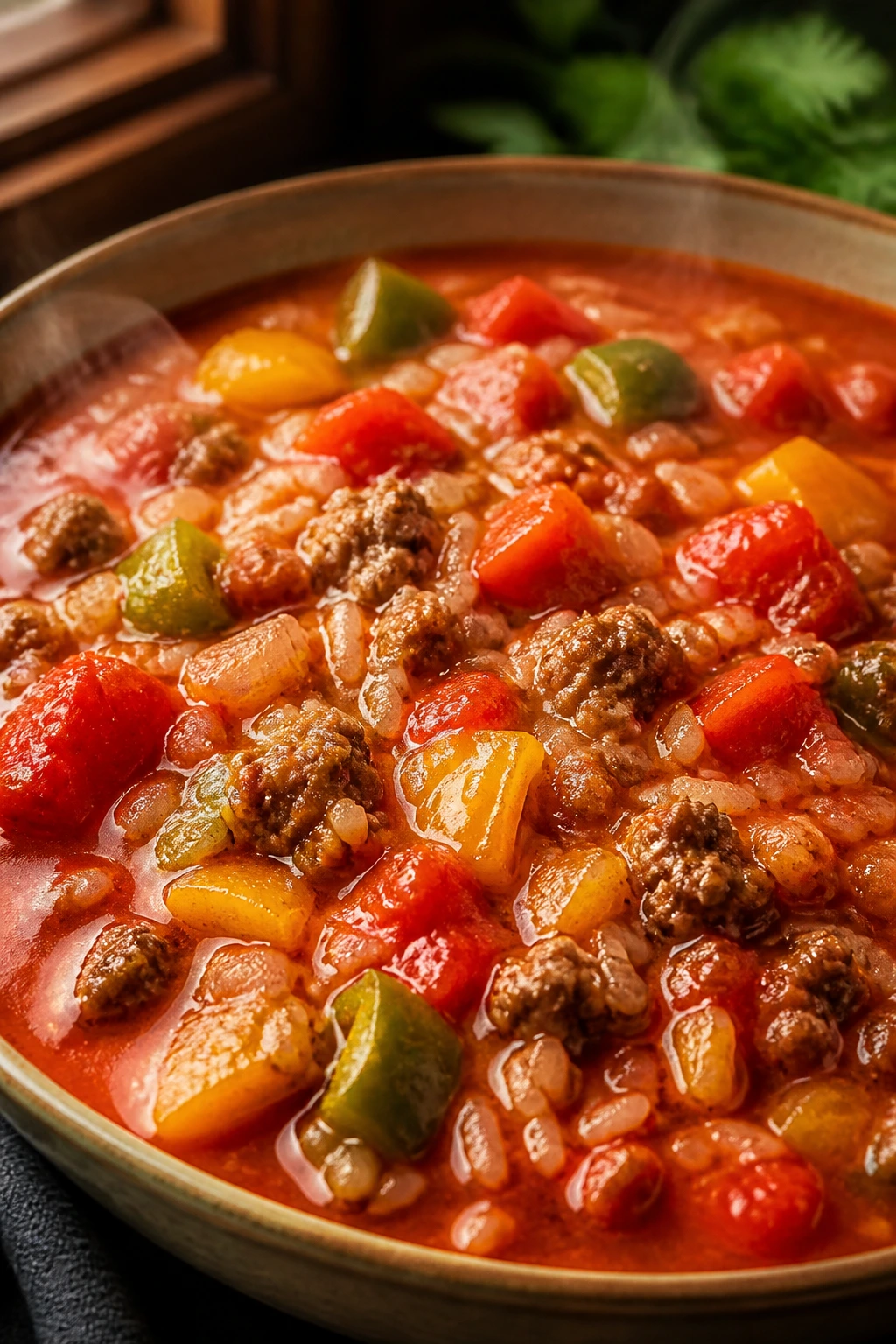 Bowl of stuffed pepper soup with peppers and rice
