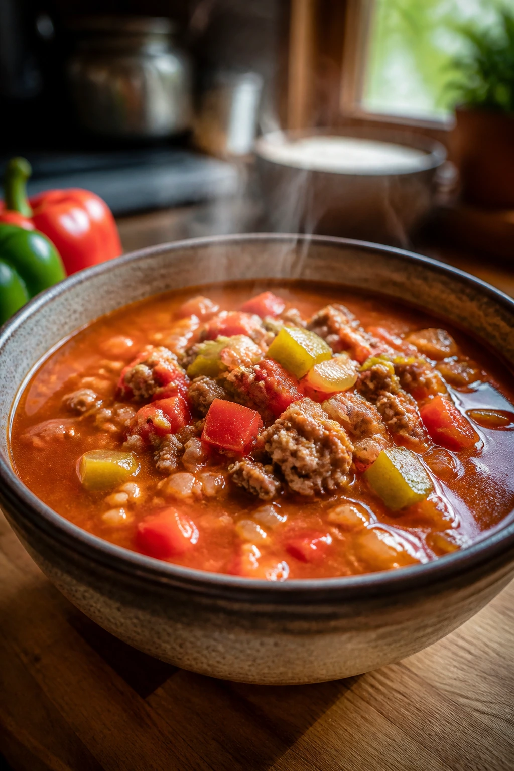 Close-up of stuffed pepper soup with peppers in tomato broth on a wooden kitchen counter