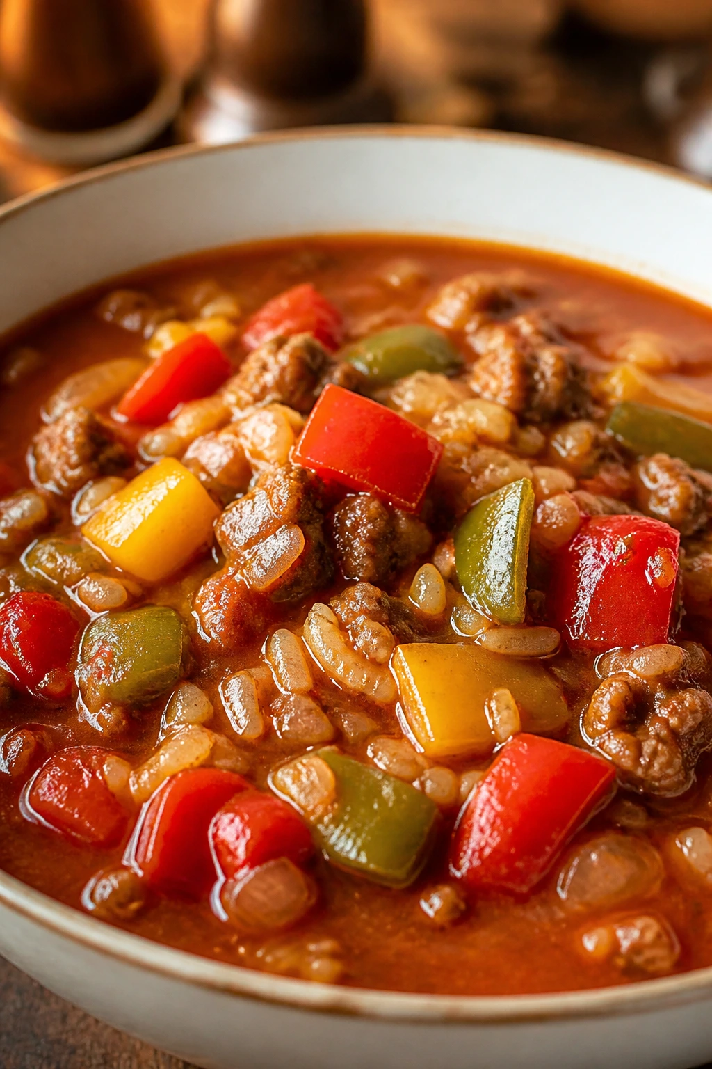 Close-up of a Stuffed Pepper Soup bowl with peppers and beef in tomato broth