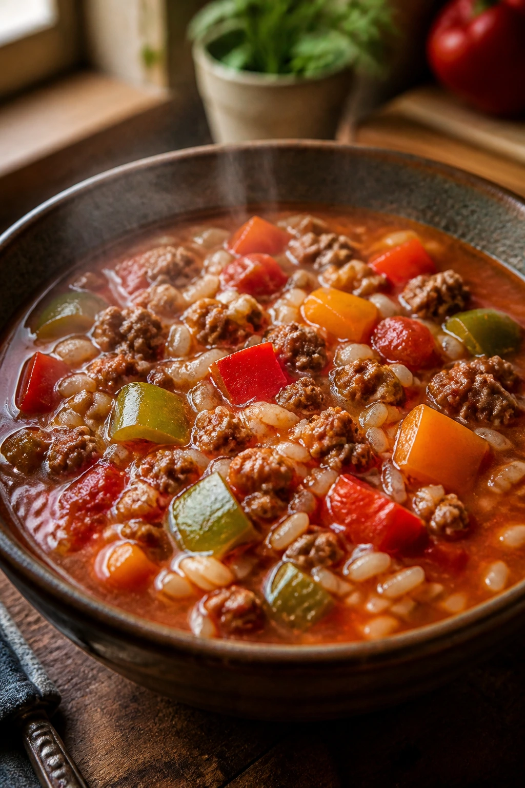 Close-up of stuffed pepper soup in a rustic bowl with peppers, beef, and rice