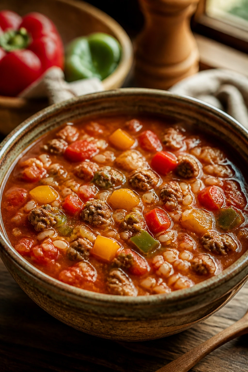 Stuffed pepper soup with beef peppers and rice in a rustic bowl