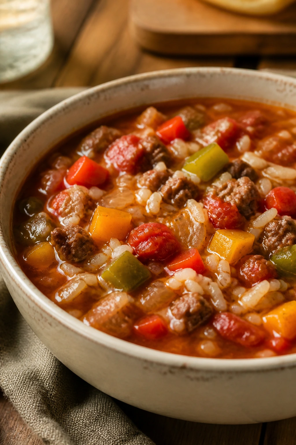 Close-up of stuffed pepper soup with beef, peppers, and rice in a rustic bowl