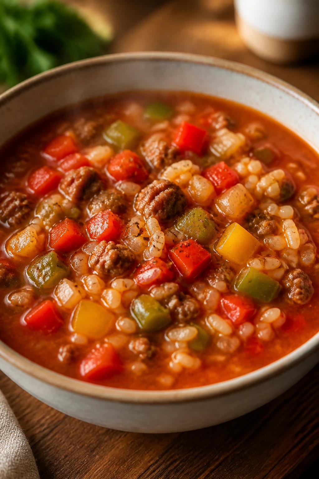 Close-up stuffed pepper soup with peppers and rice in a bowl