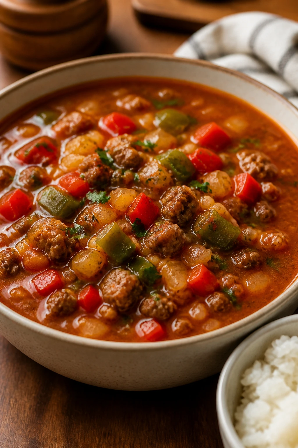 Close-up of stuffed pepper soup with peppers and beef