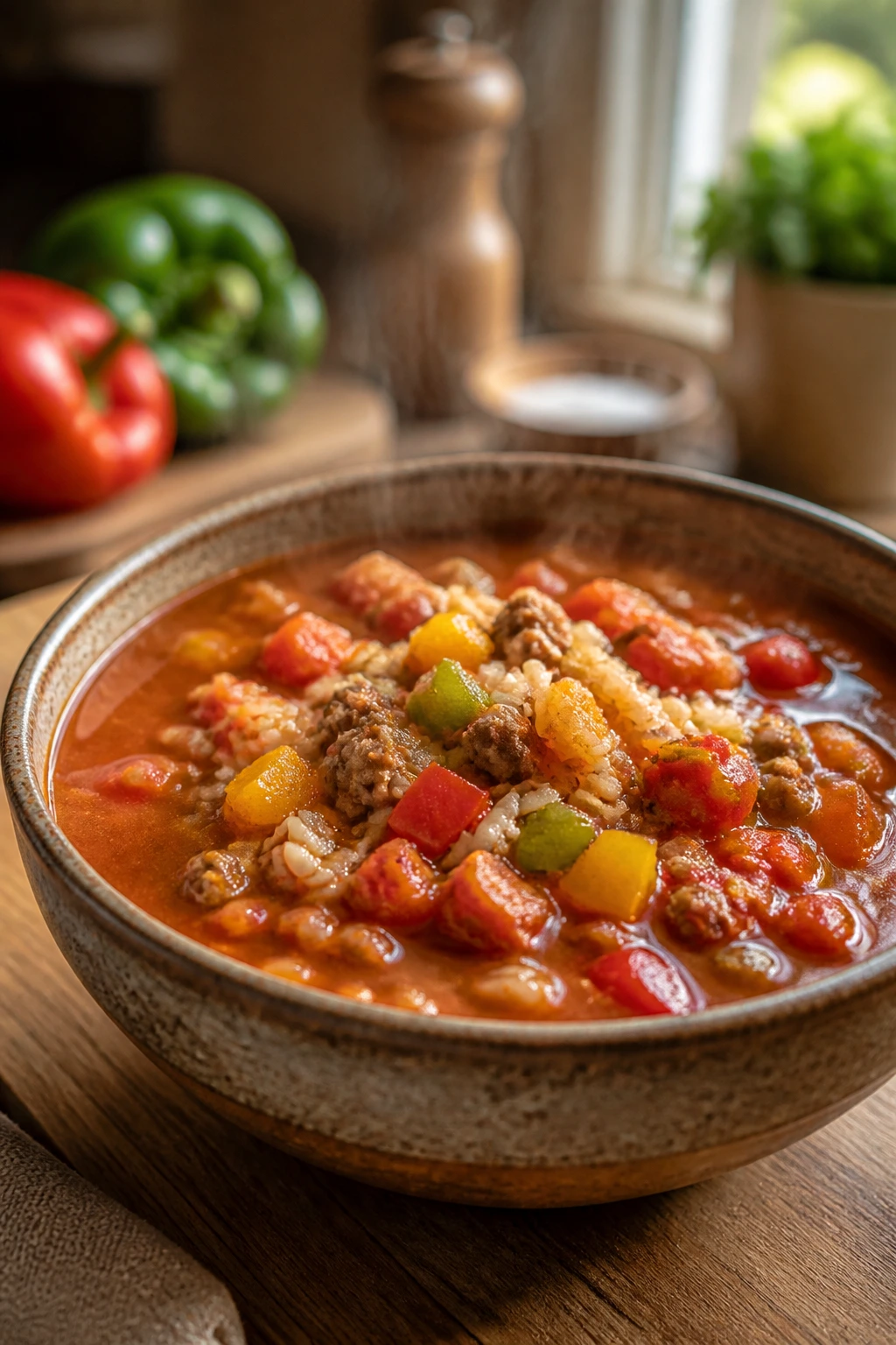 Close-up of stuffed pepper soup in a rustic bowl, steam rising from tomato-based broth with peppers and rice.