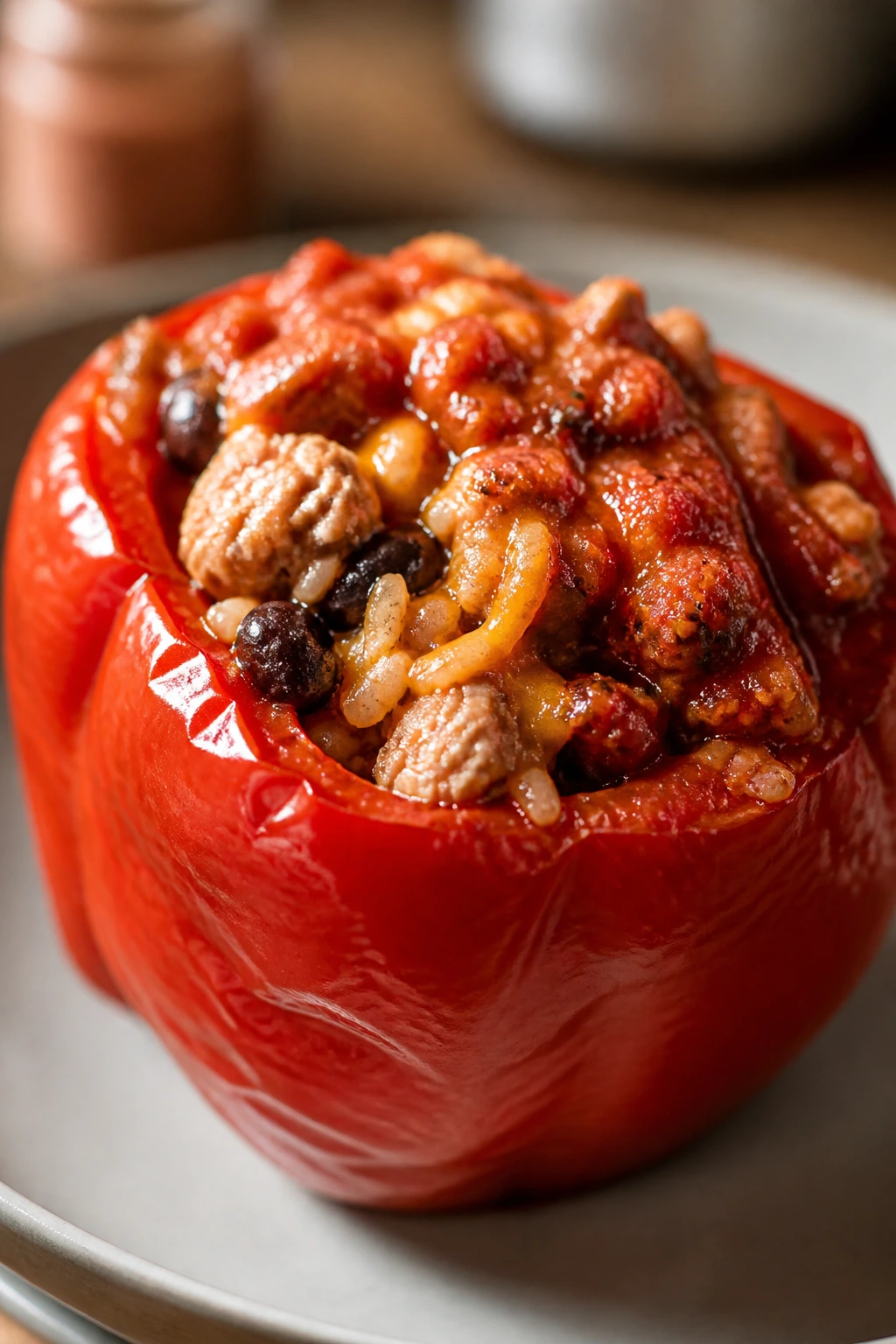 Close-up of stuffed red bell pepper with turkey filling