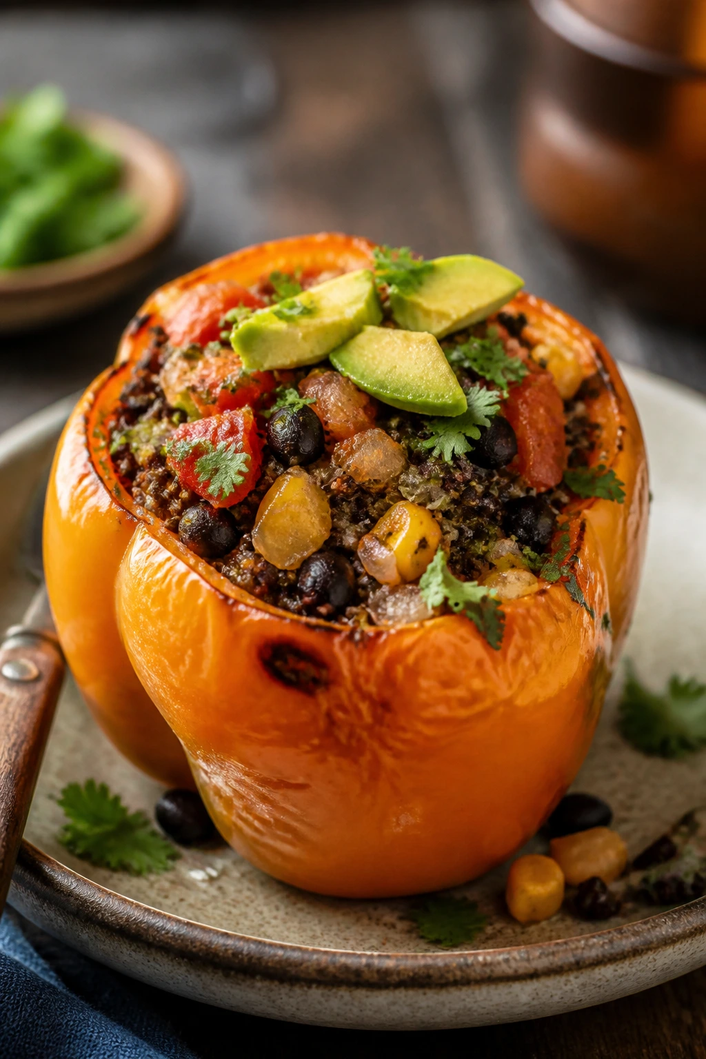 Colorful stuffed pepper on plate highlighting variations in plant-based cookery