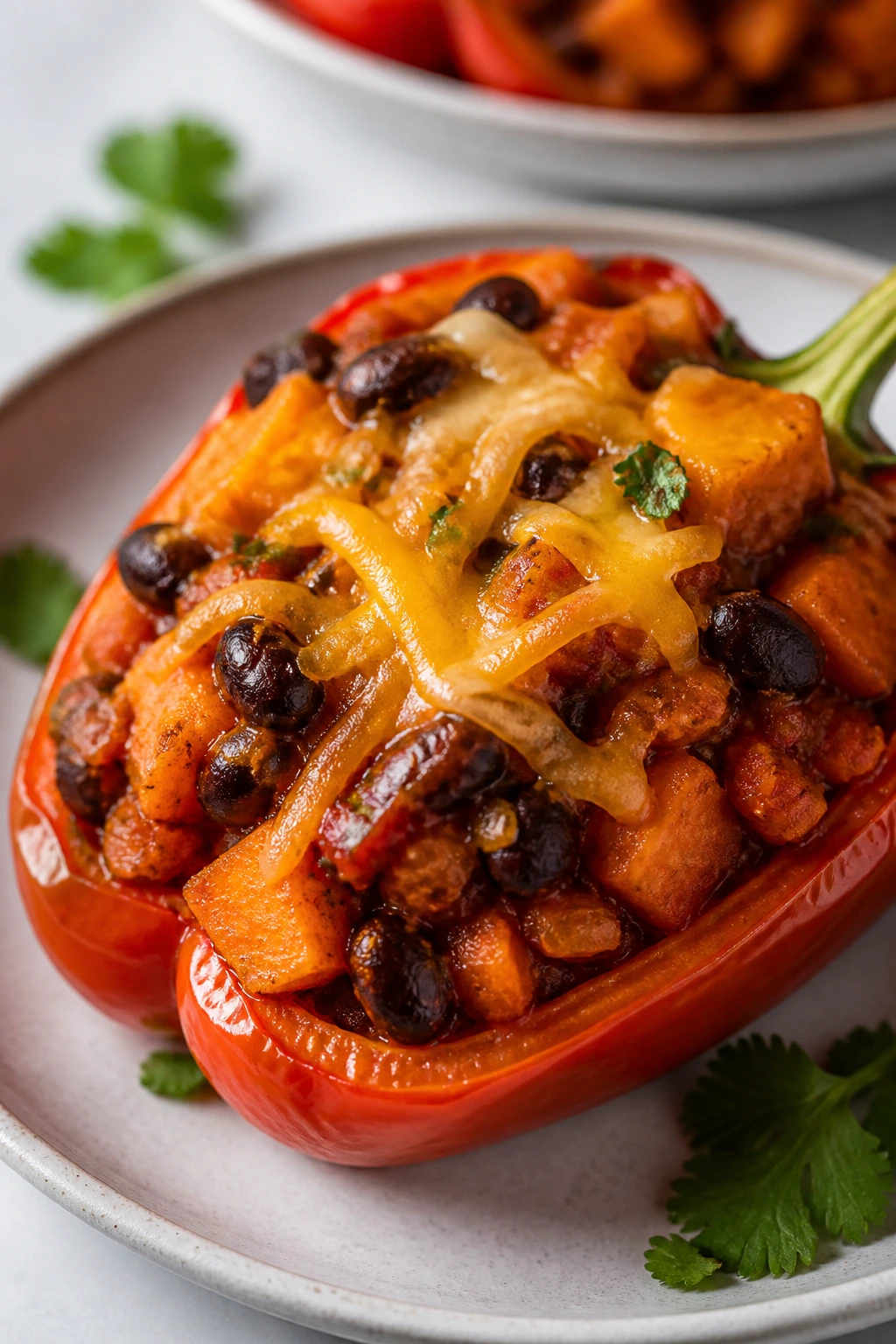 Close-up of stuffed peppers with sweet potato and black beans