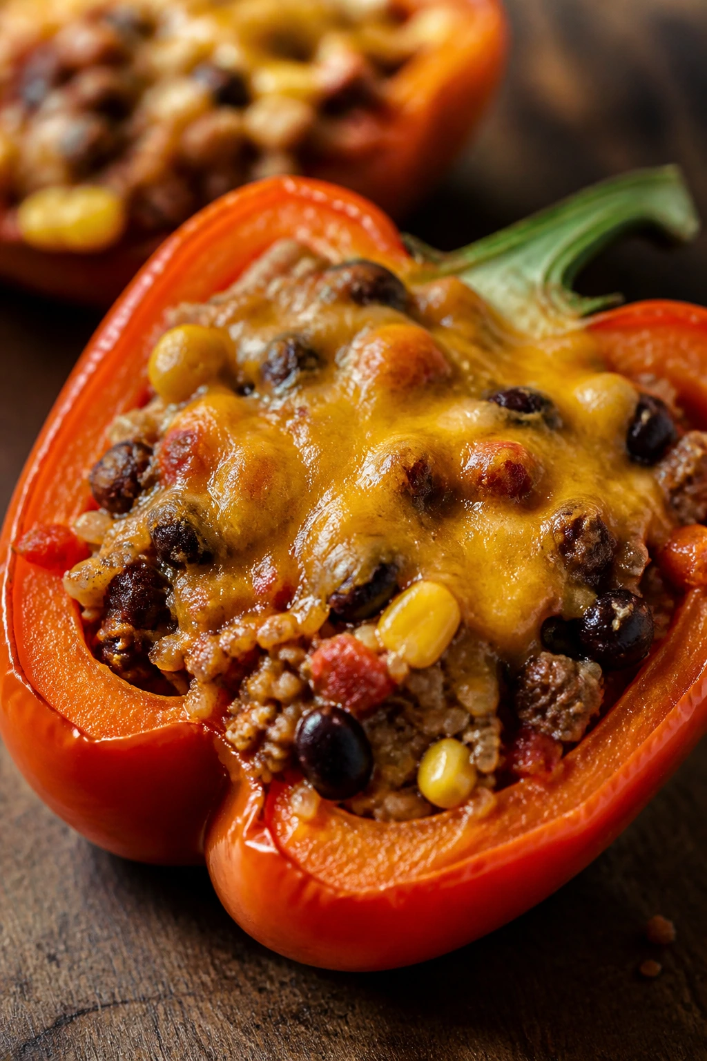 Beef stuffed pepper close-up with beef, rice, beans, corn and cheddar.