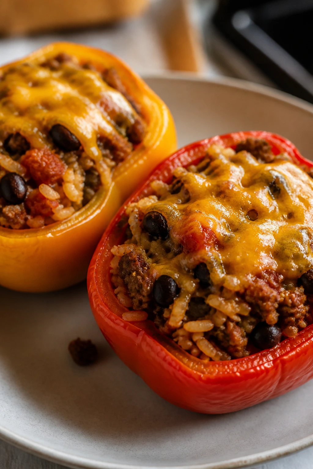 Close-up of stuffed bell peppers with beef, rice, beans, salsa and melted cheddar