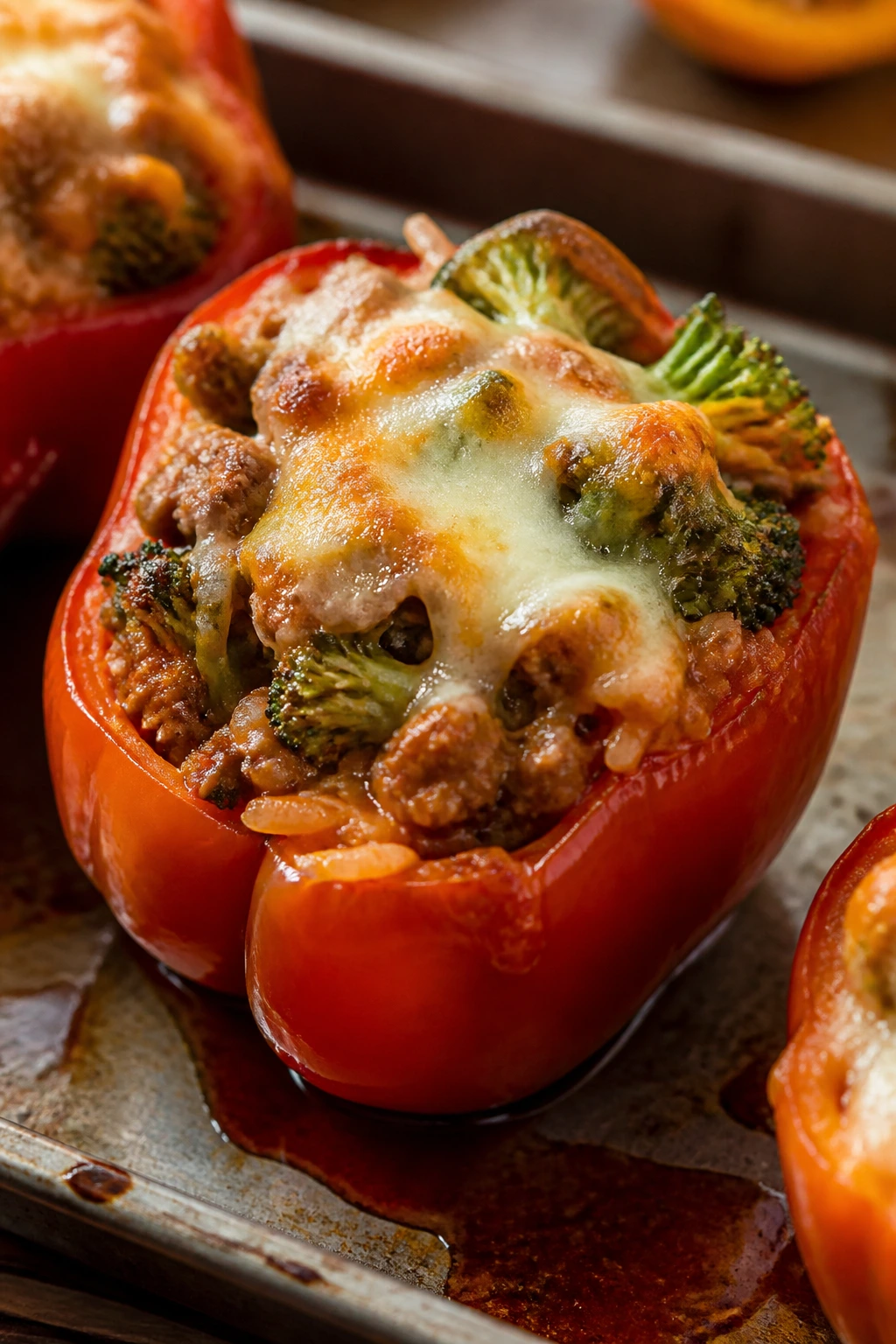 Single stuffed pepper with broccoli-beef filling and cheese