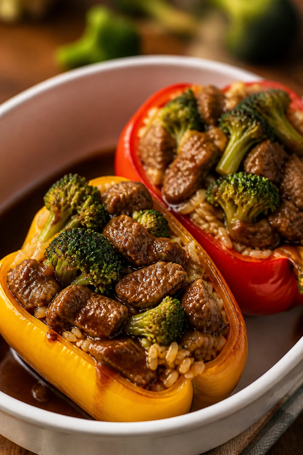 Two stuffed bell peppers filled with beef broccoli rice