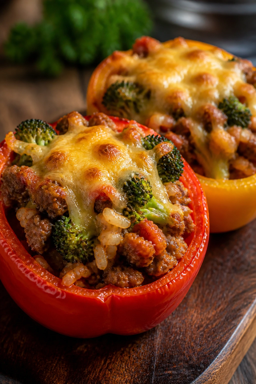 Stuffed bell peppers filled with beef broccoli rice