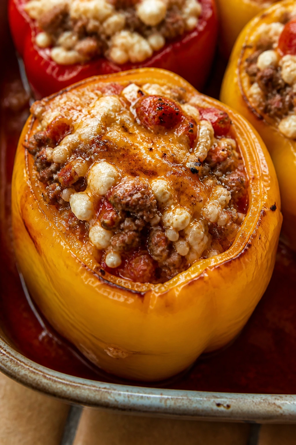 Close-up of stuffed pepper with beef and cottage cheese filling