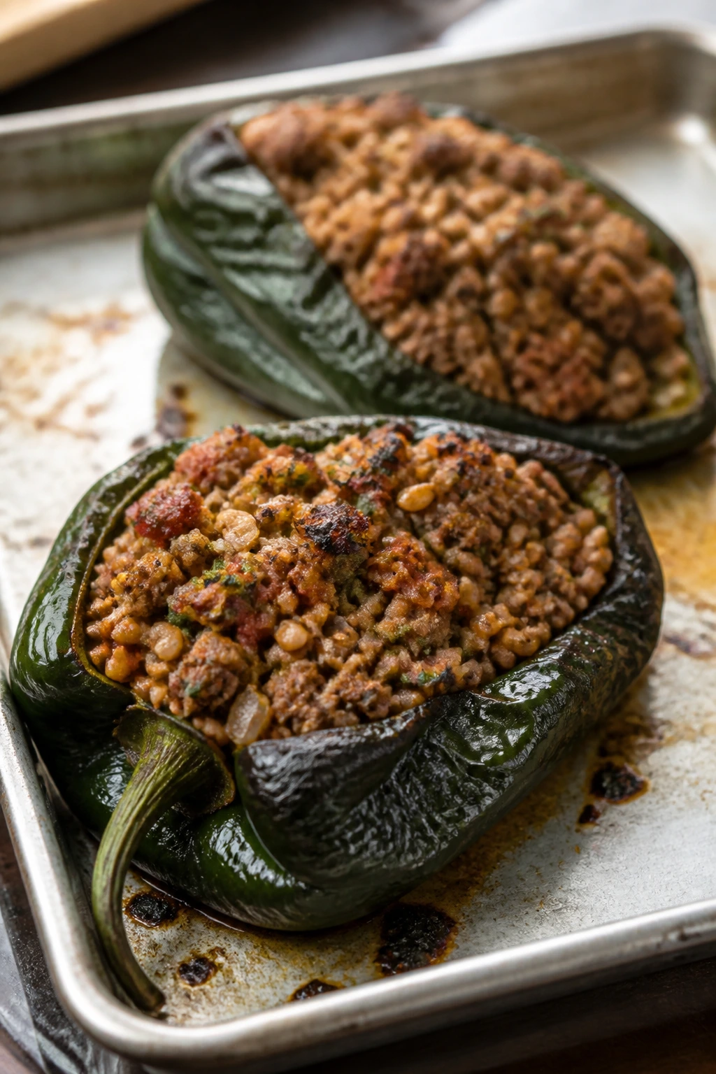 Stuffed poblano peppers with beef and farro on a baking sheet