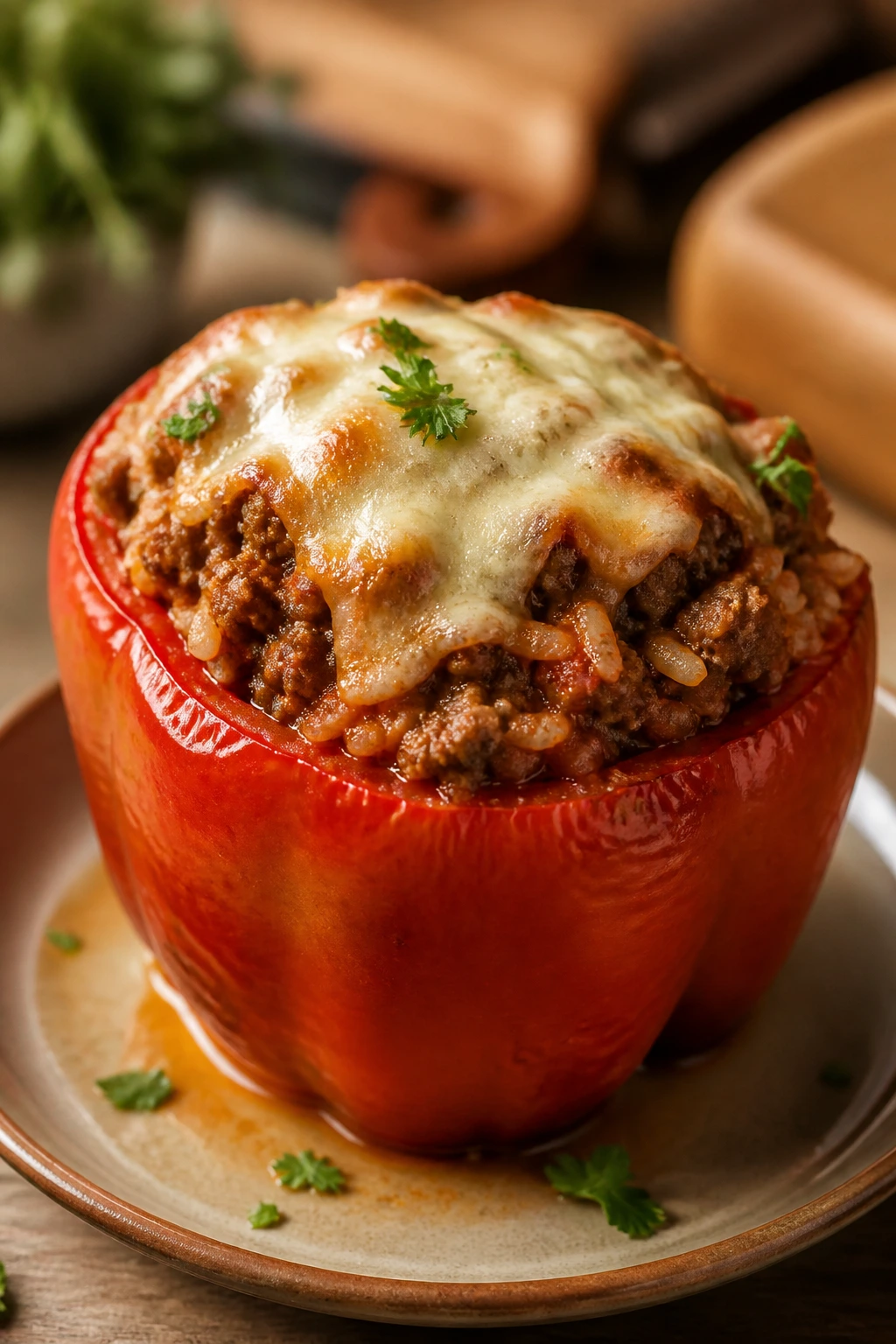 Stuffed bell pepper filled with beef and rice on plate.