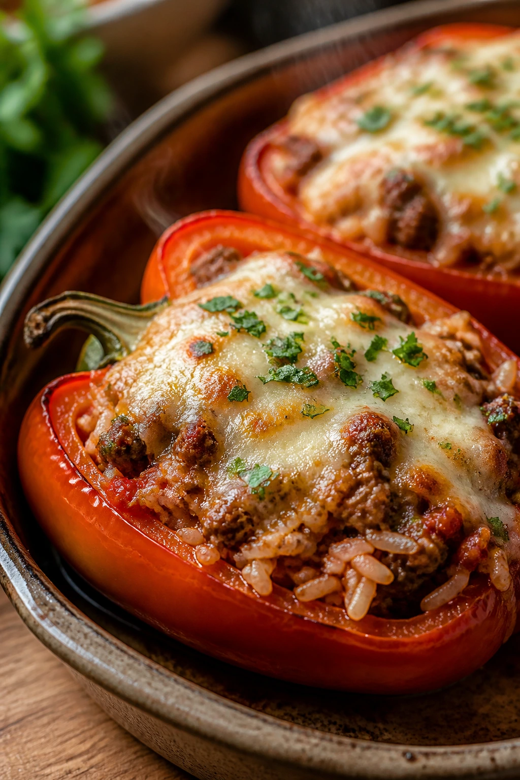 Close-up of stuffed bell pepper filled with beef and tomato rice.