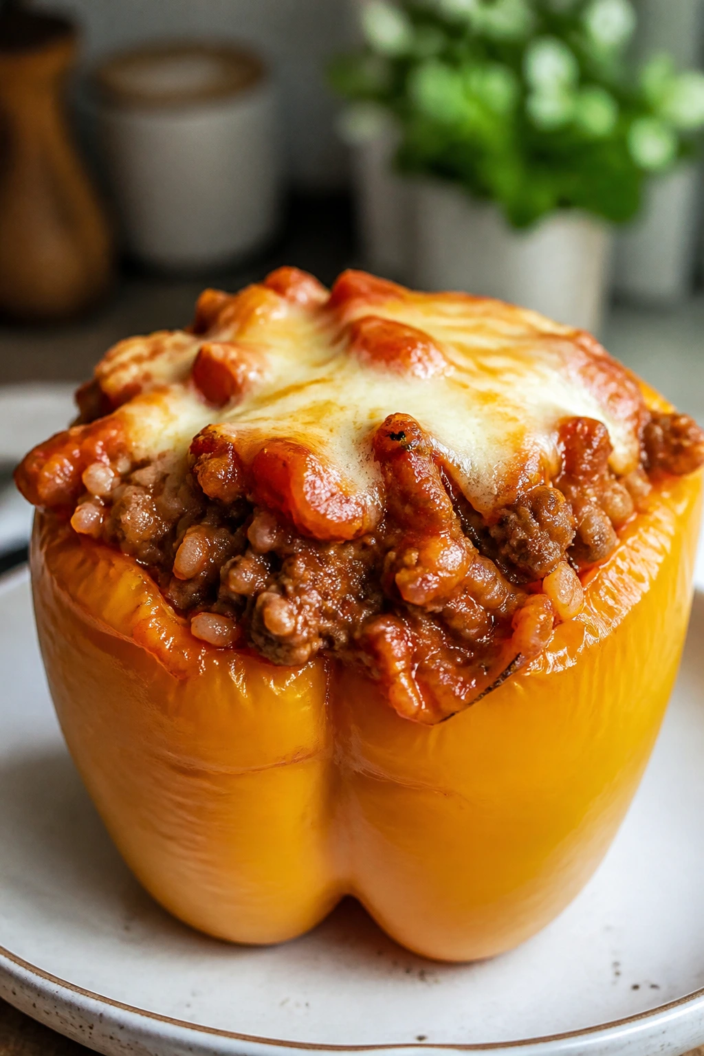 Close-up of stuffed bell pepper with beef and rice filling
