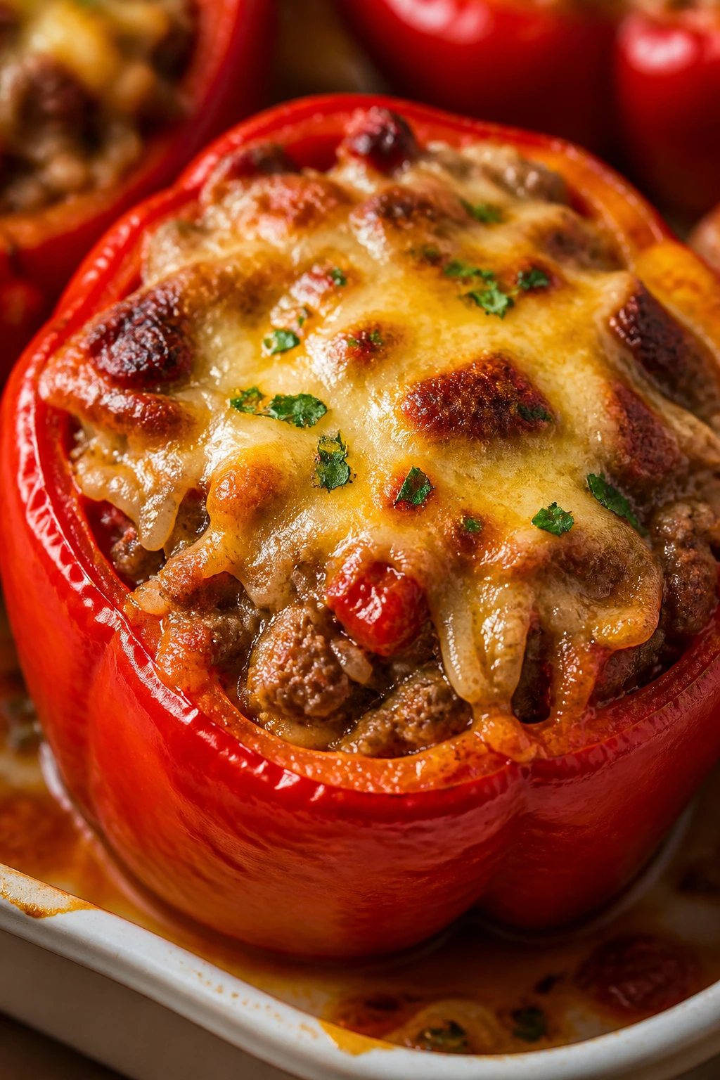 Close-up of a stuffed bell pepper with beef, rice, and cheese
