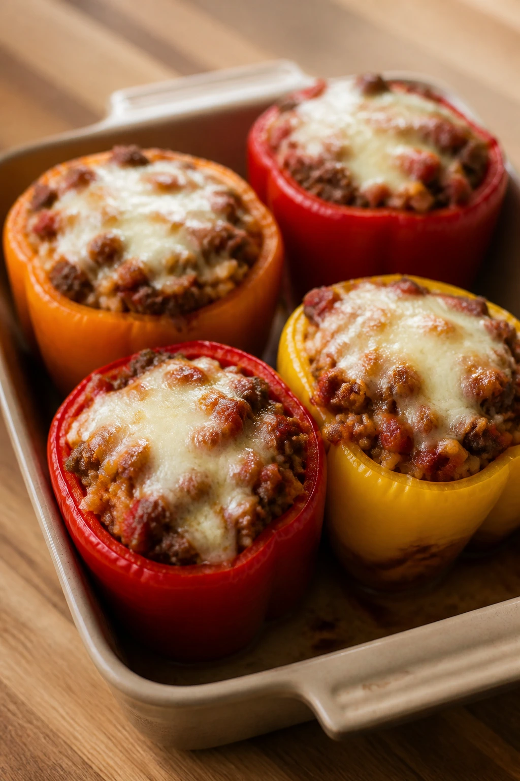 Stuffed bell peppers filled with beef, rice, and tomato sauce