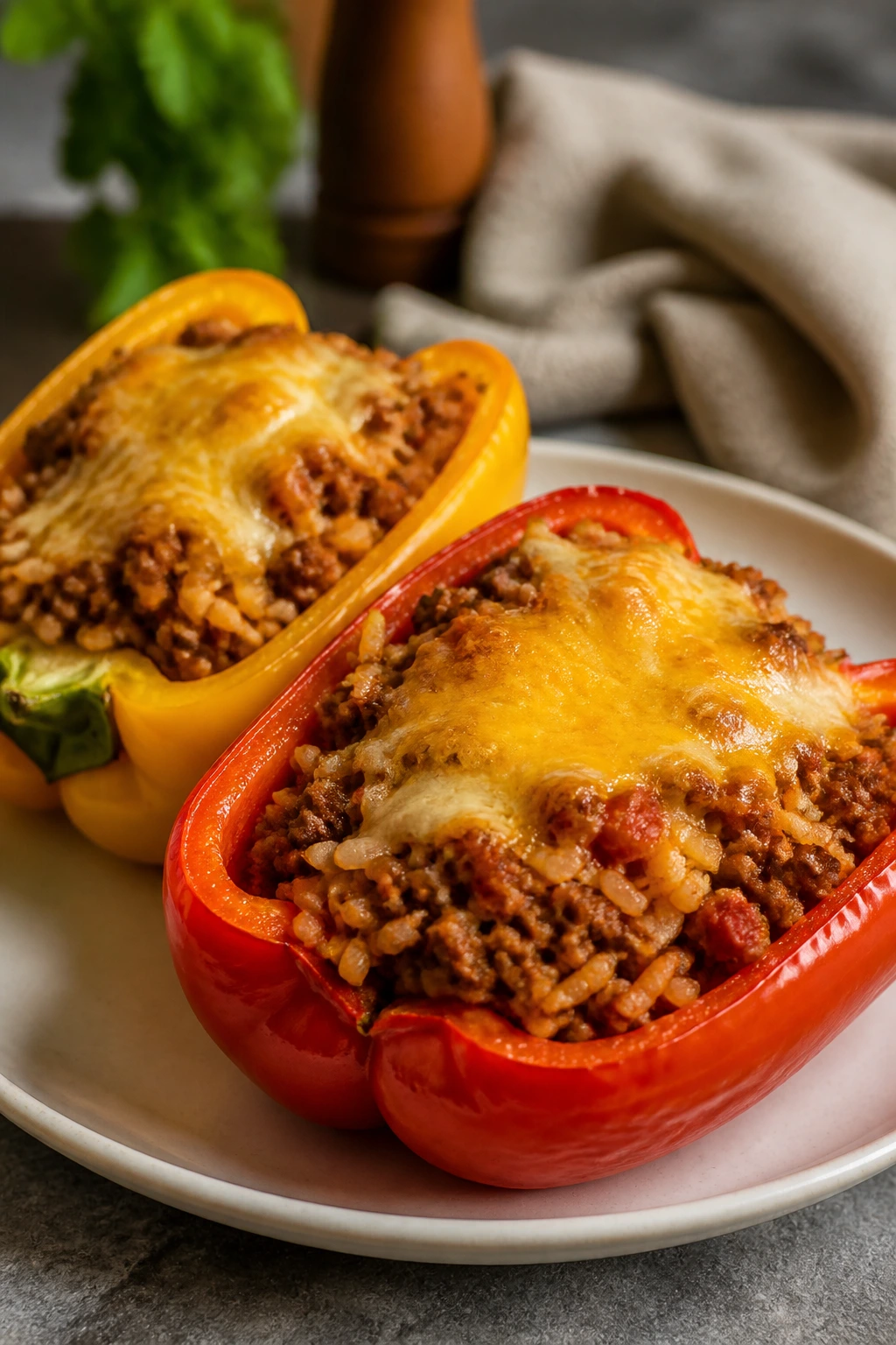 Beef taco stuffed peppers on plate with melted cheese.