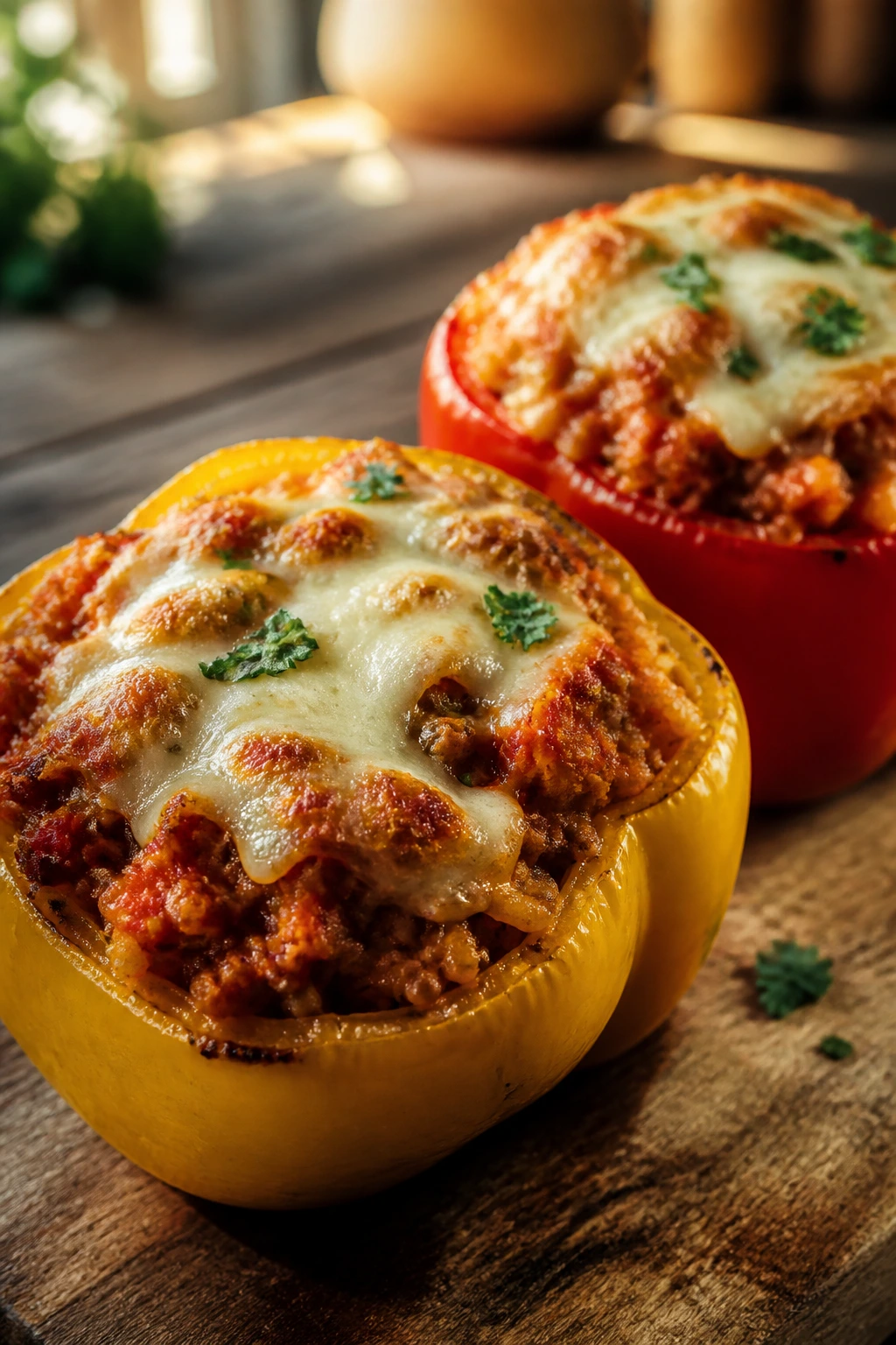 Close-up of stuffed bell peppers on a wooden board.