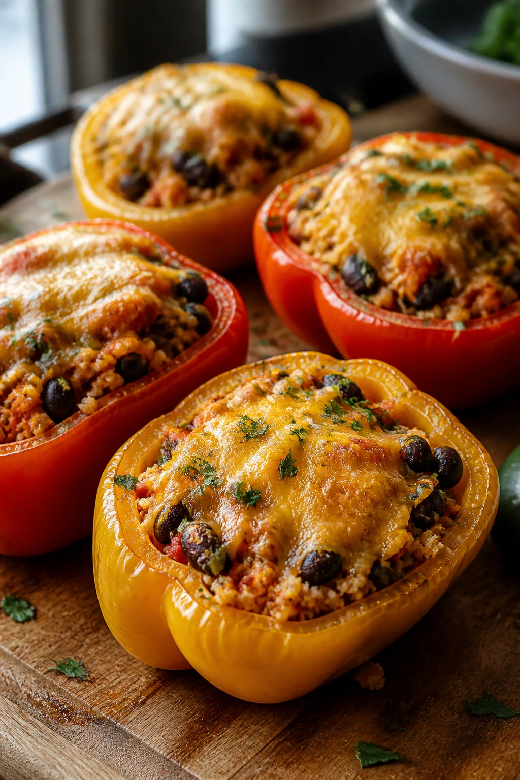 Close-up of colorful stuffed peppers filled with cauliflower rice and cheese