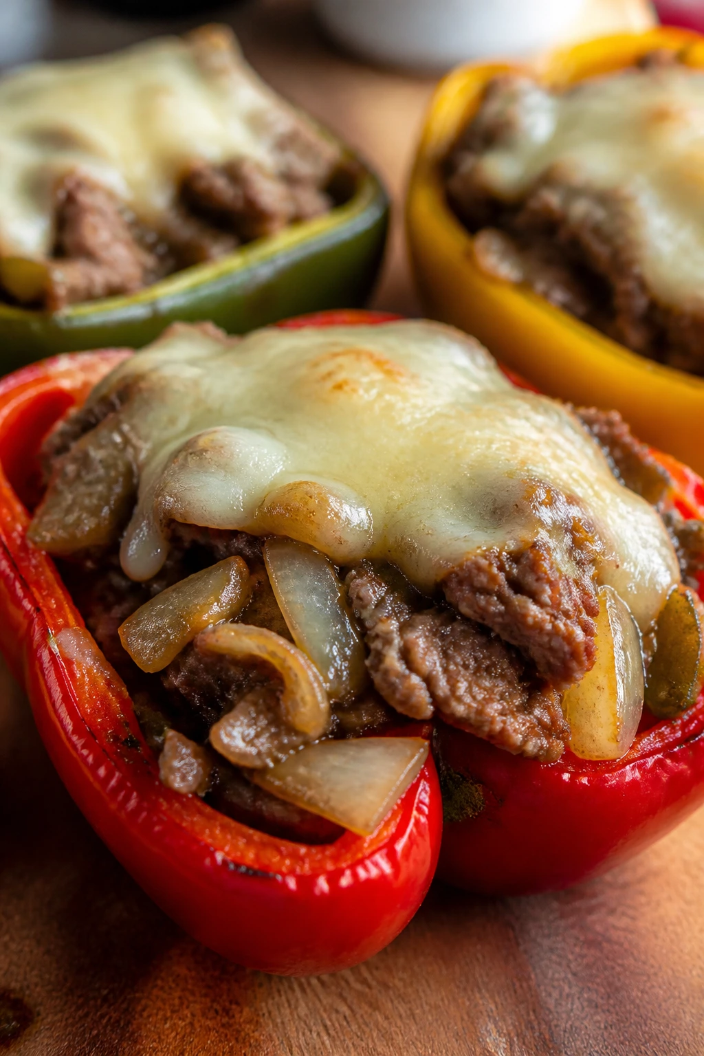 Close-up of stuffed peppers with Philly cheesesteak filling