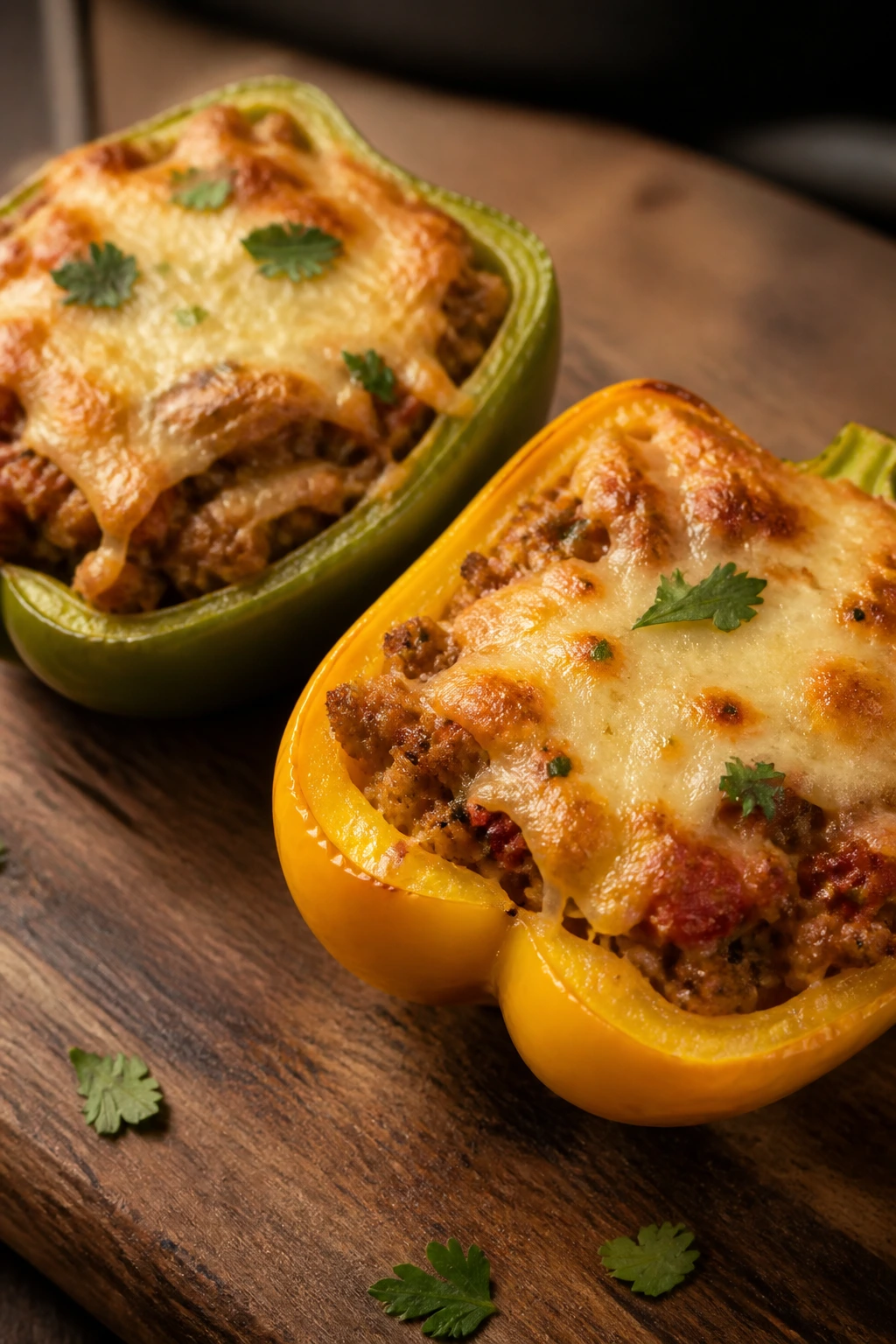 Halved bell peppers stuffed with chicken filling on plate