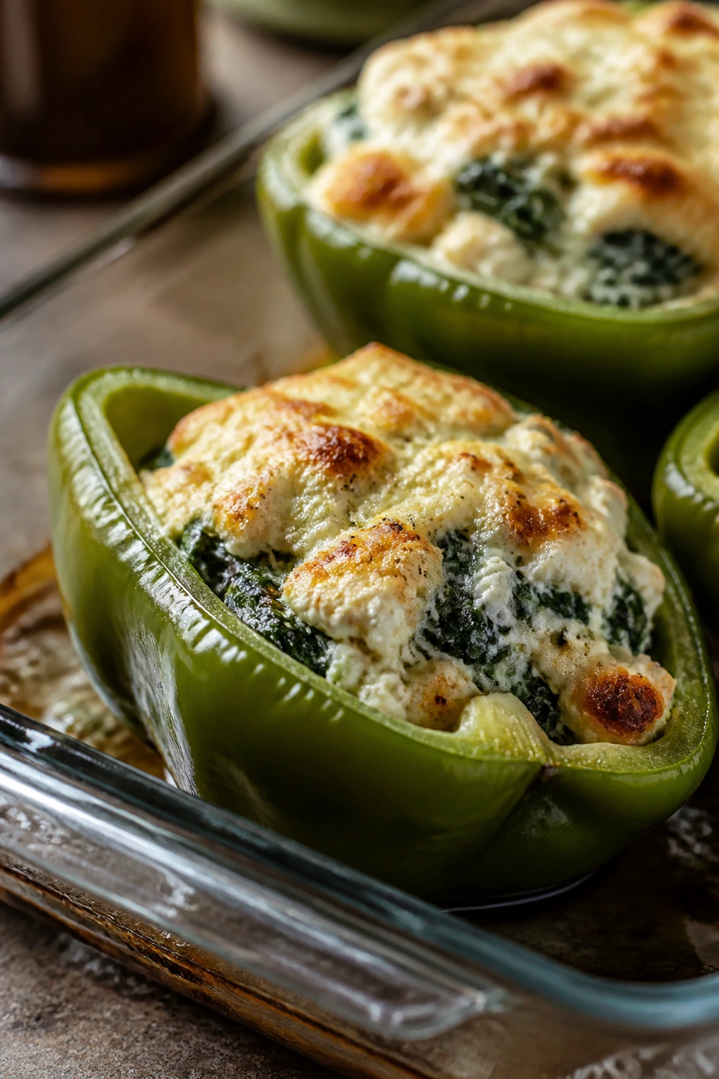 Halved bell pepper stuffed with chicken and cottage cheese filling