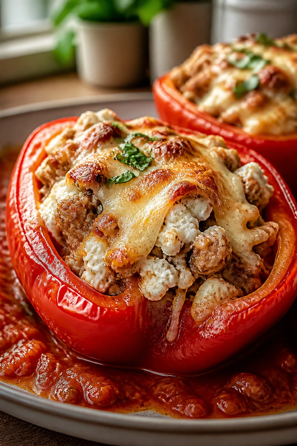 Halved pepper stuffed with cottage cheese and turkey filling