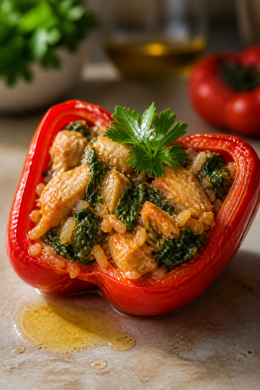 Bright stuffed pepper filling close-up showing spinach and chicken rice