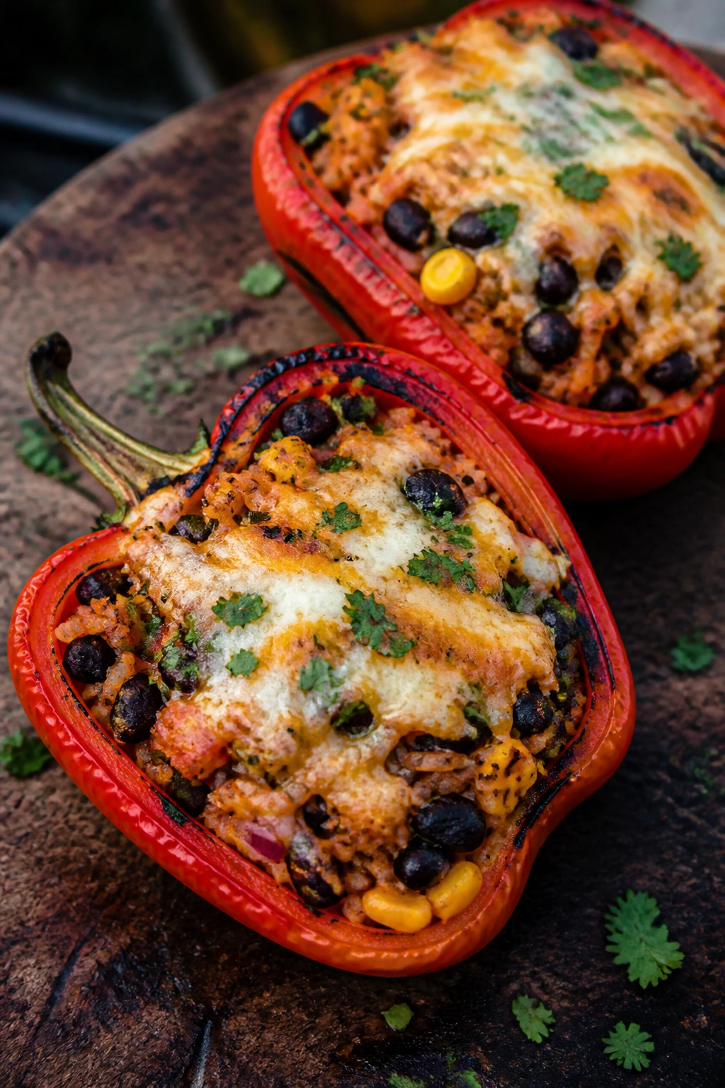Close-up of stuffed bell peppers with rice and beans, melted cheese