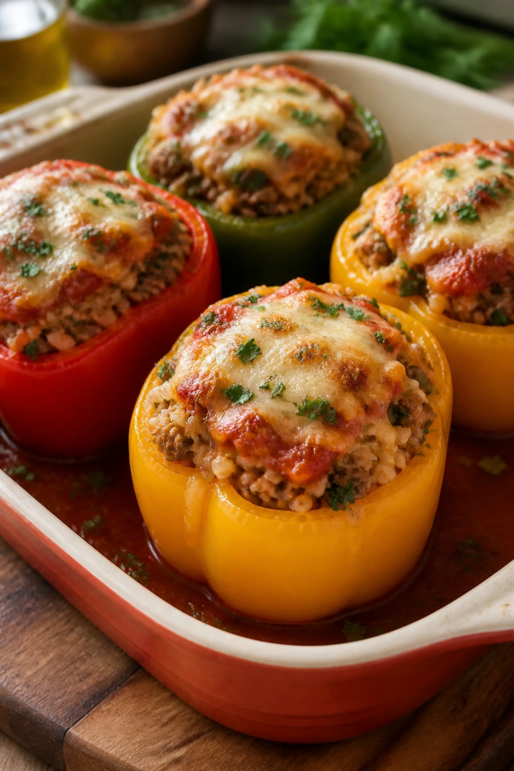 Colorful stuffed bell peppers with beef and herb rice in a baking dish