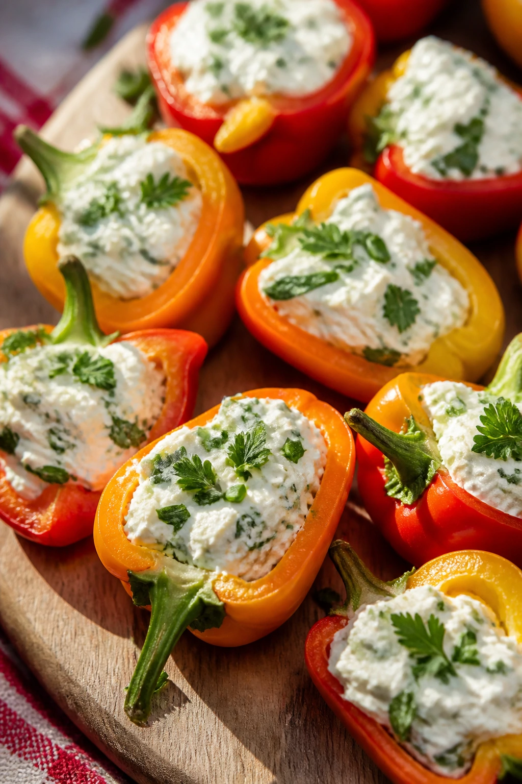 Close-up of stuffed mini bell peppers on a wooden board