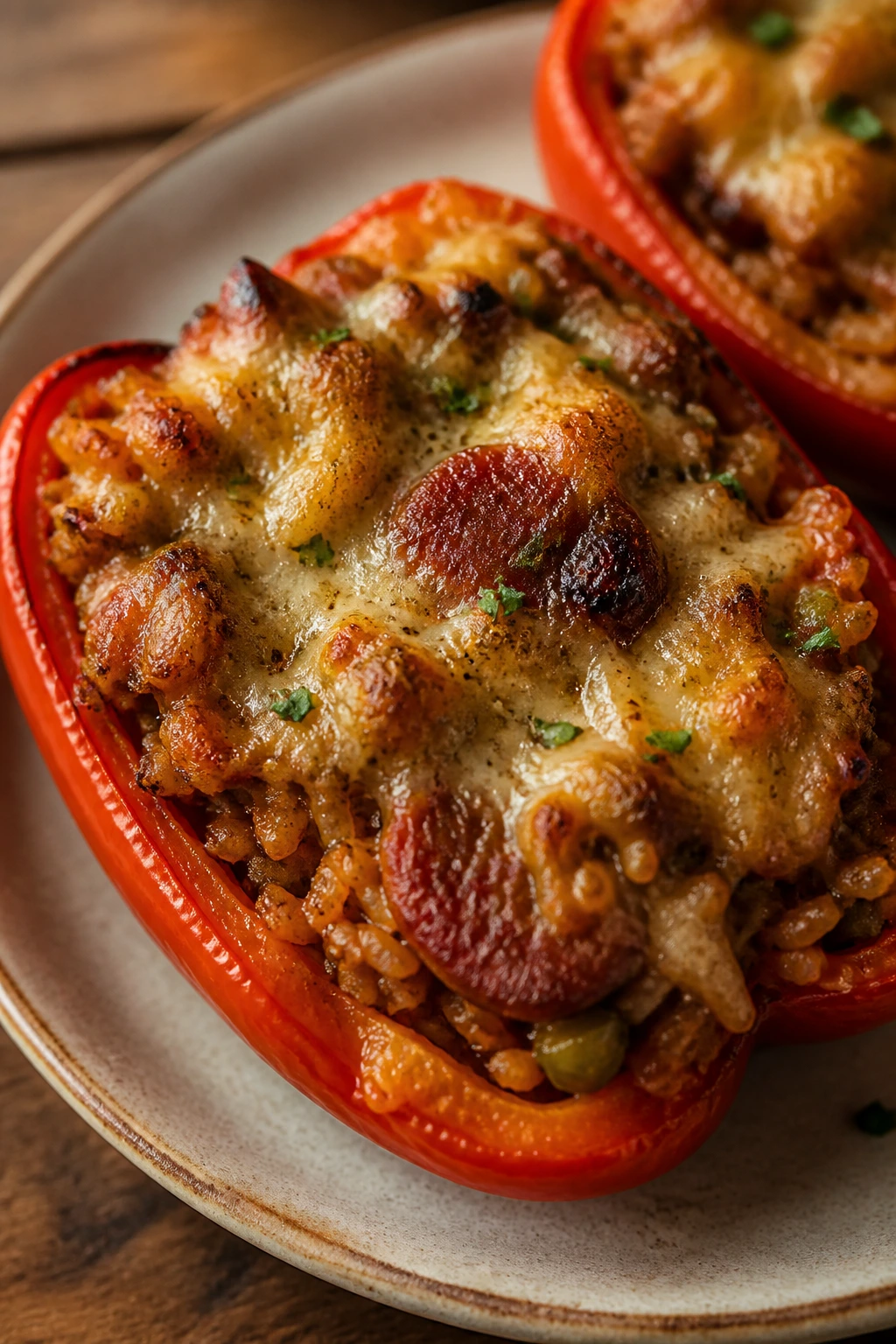 Close-up of Jambalaya Stuffed Peppers showing smoky sausage and rice filling with melted cheese