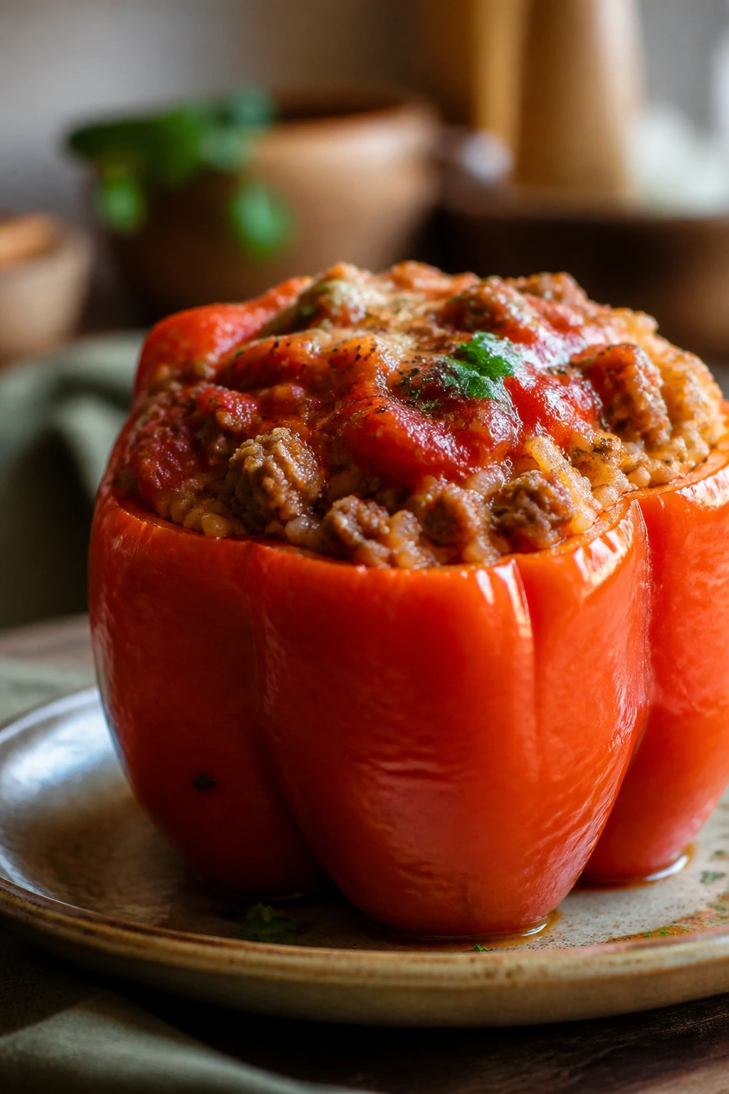 Close-up of a stuffed bell pepper on a rustic plate in a cozy kitchen