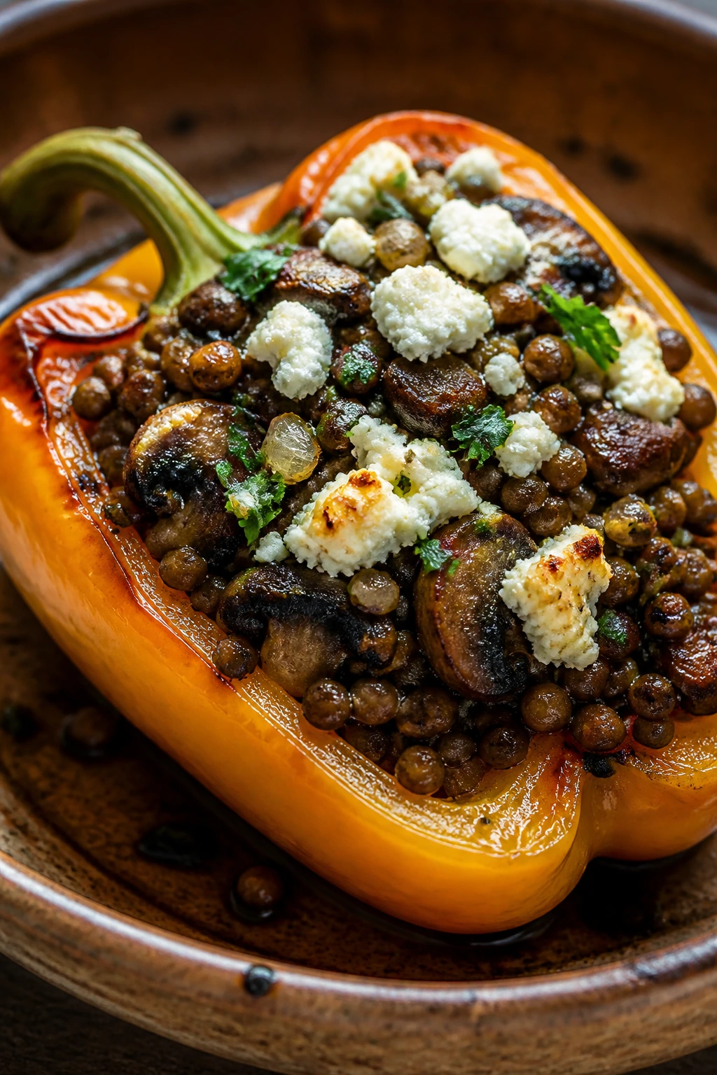 Close-up of stuffed bell pepper half with lentil-mushroom filling and feta