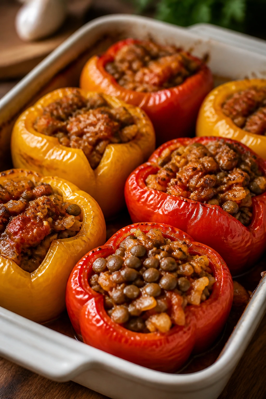 Colorful stuffed bell peppers with lentil and rice filling