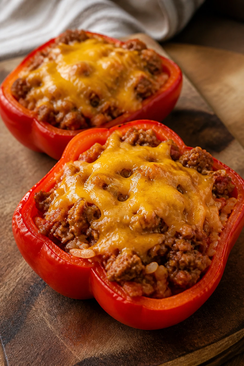 Close-up of stuffed bell pepper boats filled with beef, rice, tomato sauce, and cheddar on a wooden board