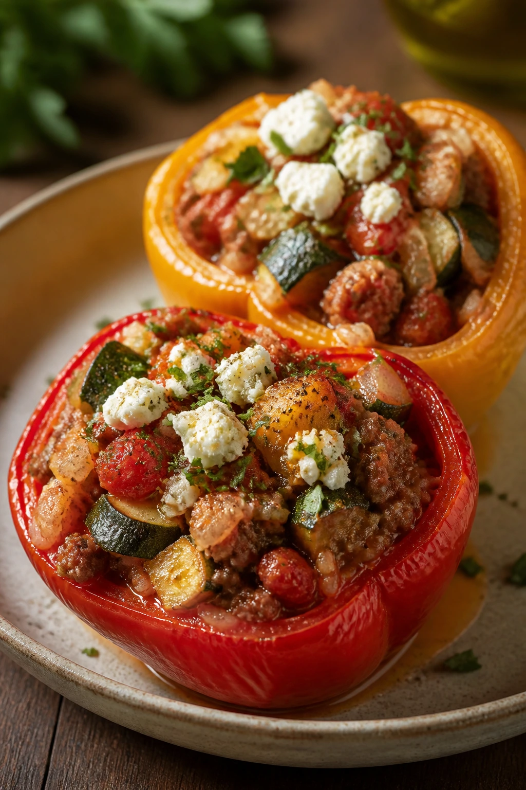 Stuffed peppers with rice and meat filling on a plate