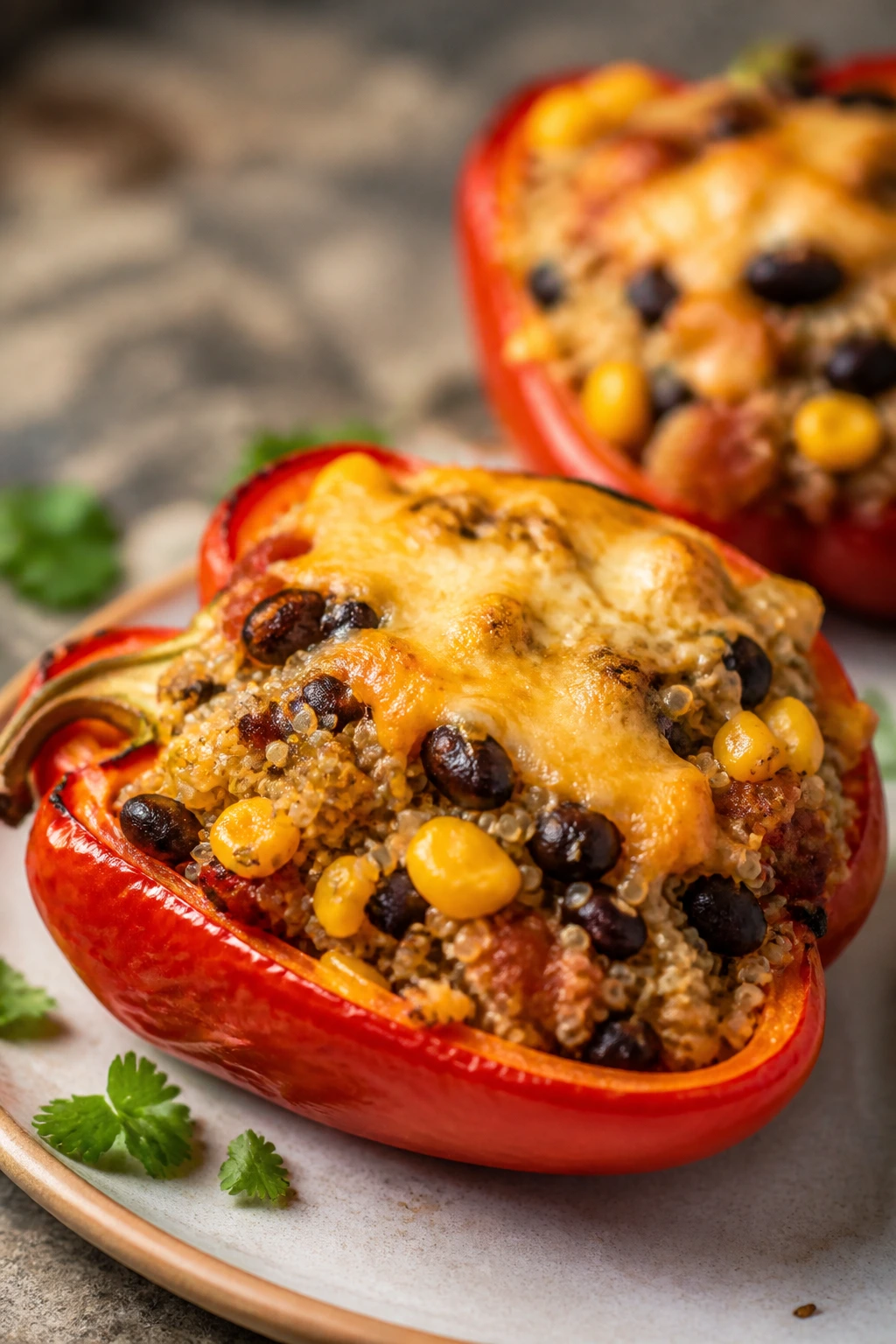 Close-up of quinoa-stuffed bell peppers on a plate